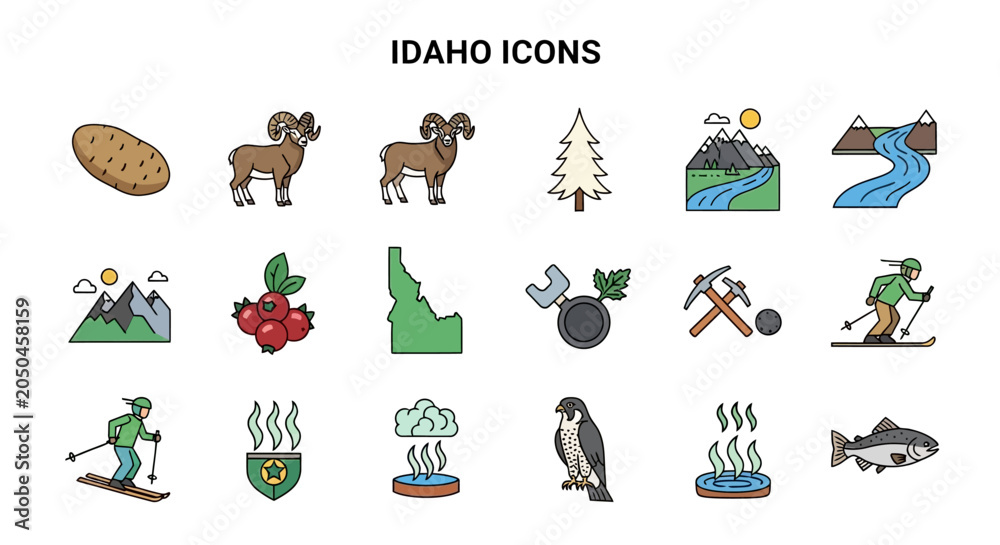 Fototapeta premium Idaho State Vector Icons Collection illustrating nature, wildlife, outdoor sports, agriculture, and unique local symbols for travel, regional design projects