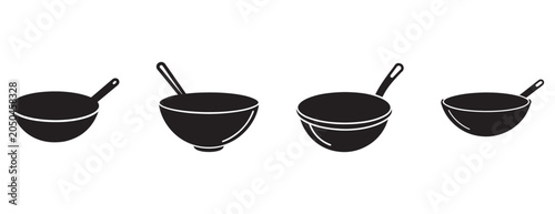 Photos Four black frying pans with handles on white background kitchen cooking utensils