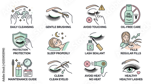 Canvas Print Eyelash Care Icons: Daily Routine, Protection, Maintenance & Tips