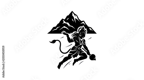 Foto Hanuman carrying mountain, silhouette illustration, Hindu mythology, Indian cult
