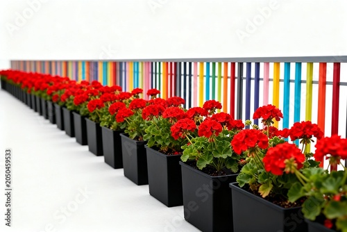 Row of Red Geraniums in Black Pots Against Colorful Fence