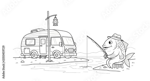 Funny cartoon fish in hat fishing from campsite with RV