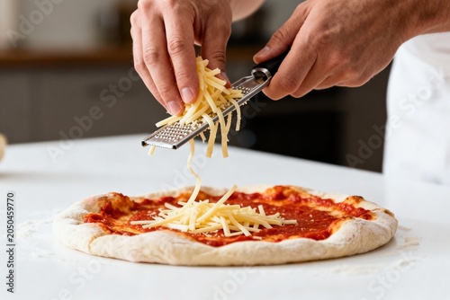 Hands Grating Cheese onto Fresh Pizza in Kitchen