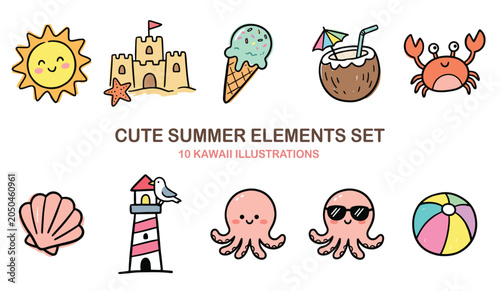 Cute summer beach elements vector set with kawaii illustrations of sun, sandcastle, ice cream, coconut drink, crab, seashell, lighthouse, octopus, and beach ball isolated on white background.