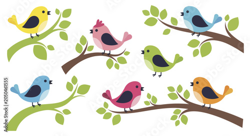 Canvastavla Collection of Cute Cartoon Birds Perched on Tree Branches.