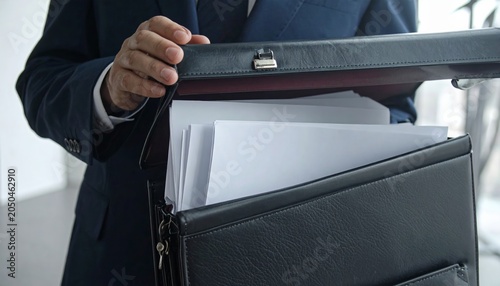 Businessman opening a briefcase with documents.