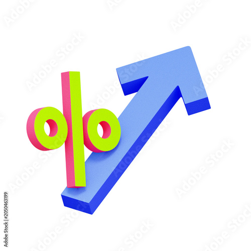 3D illustration of upward arrow with percentage sign for interest growth, yield increase, financial positive trend, profit margin, and market appreciation.