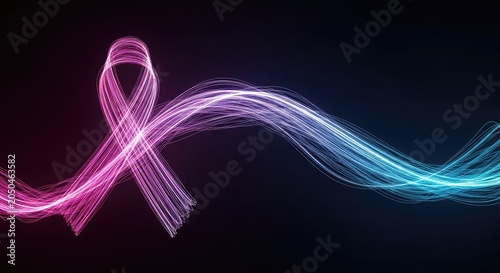 A glowing digital ribbon in vibrant shades of pink and blue curves across a dark background, symbolizing hope and oncology medical progress, ribbon, health, abstract