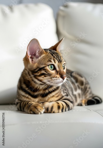 Bengal cat resting on a sofa looking alert and focused.