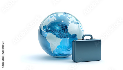 Modern 3D illustration of a global communication network connecting data nodes around the world