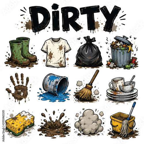 Canvas Print Dirty Icons Set – Grunge, Stain and Unclean Surface Line Vector Collection