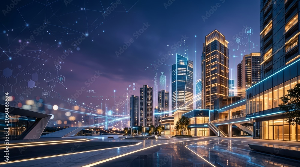Fototapeta premium Smart city featuring glowing digital networks and data connections over modern skyscraper architecture. Innovative urban landscape with internet connectivity for technology and business progress.