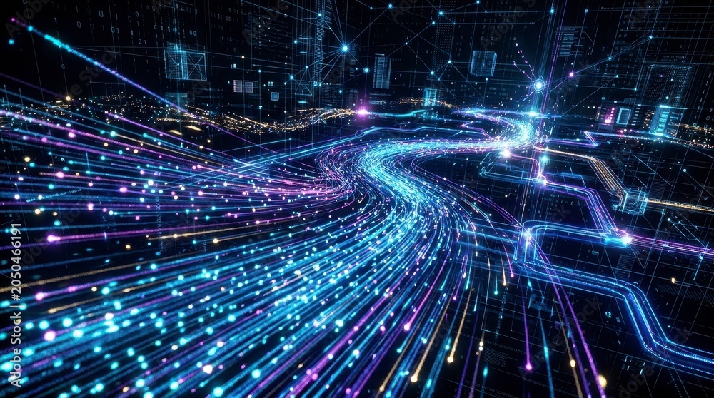 Fototapeta premium Abstract digital data streams flowing through a futuristic network.