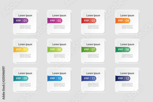 infographic elements template, business concept with 12 steps, rectangle shapes design with multi gradient color label for workflow layout, diagram, annual report, vector