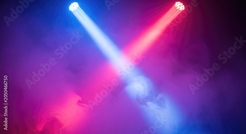 Vibrant beams of blue and pink light cut through thick swirling purple haze, creating a dynamic and moody concert stage background texture, optical, disco, theater