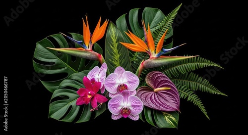 Vibrant exotic flowers and lush green leaves pop against a solid black background, creating a dramatic botanical composition, spring, vibrant, moody