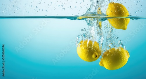 Vibrant yellow lemons plunging into crystal clear water, creating a dynamic explosion of bubbles and droplets against a turquoise backdrop, acidic, splash, macro
