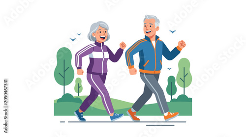 Senior couple running together outside.