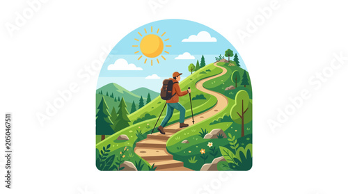 Man hiking up a scenic mountain path with trekking poles.