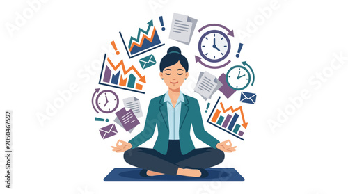 Businesswoman meditates in lotus position.