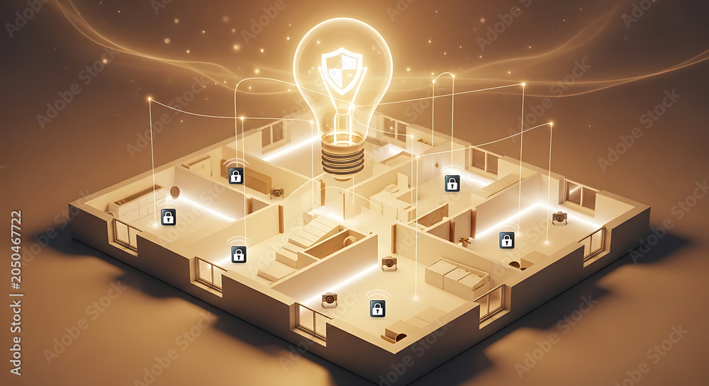 Fototapeta premium Smart home security concept with safe lightbulb icon over illuminated house plan