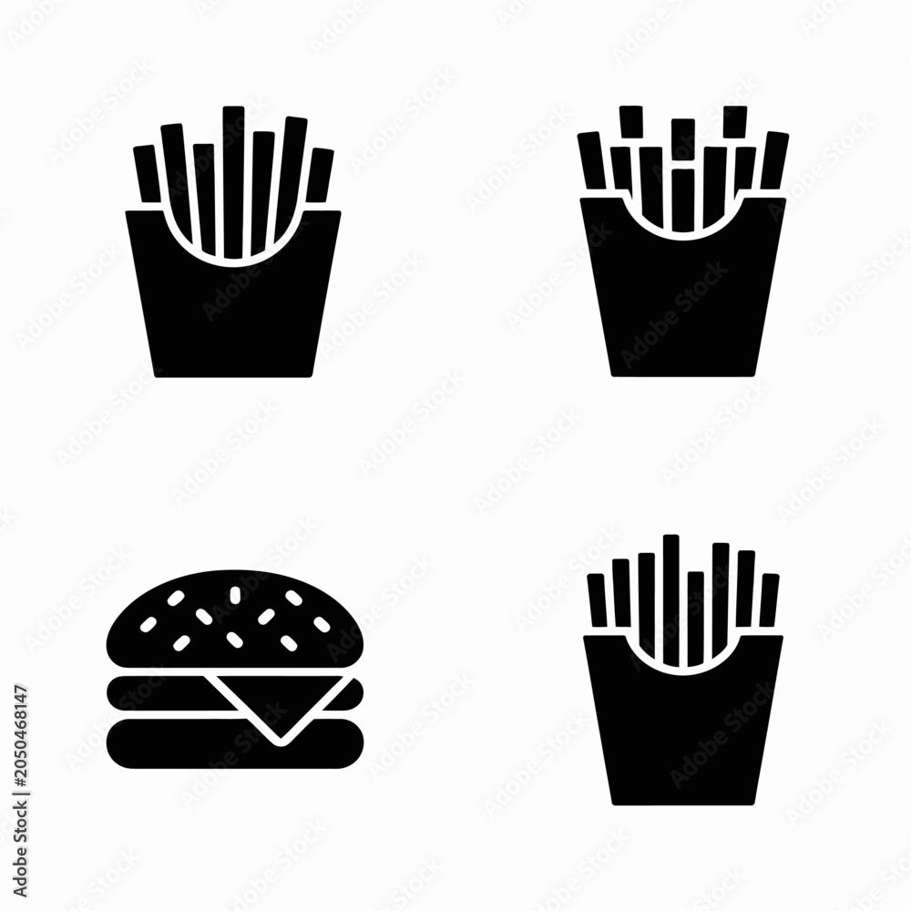 Fototapeta premium Black vector icons of fast food hamburger and french fries