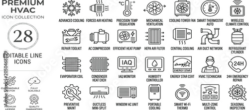 hvac air conditioning line icon set featuring cooling system, heating, temperature, ventilation, cooling, smart, thermostat, and repair maintenance vector symbols.