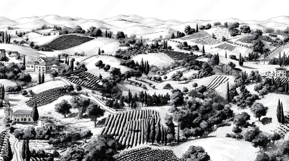 Fototapeta premium Wine plantations hand drawn