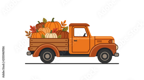 Orange truck with pumpkins in bed.