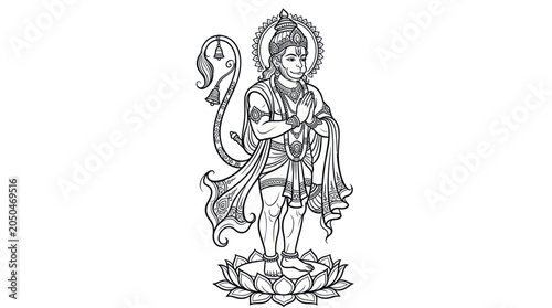 Photography Lord Hanuman praying on lotus flower, Hindu deity, illustration, black and white