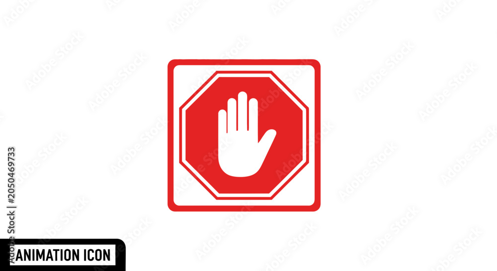 Fototapeta premium Animated Stop Hand Icon: Red Octagon Sign with White Palm, Motion Graphic