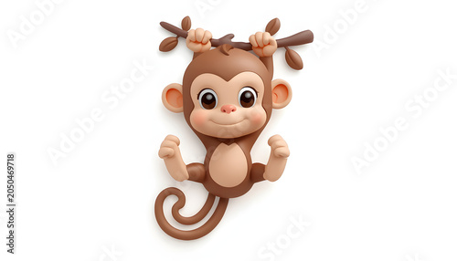 Cheeky 3D icon of a cute little monkey hanging from a green vine isolated on white background