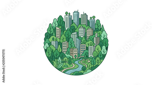 Schilderij op canvas Cityscape with green trees and river.