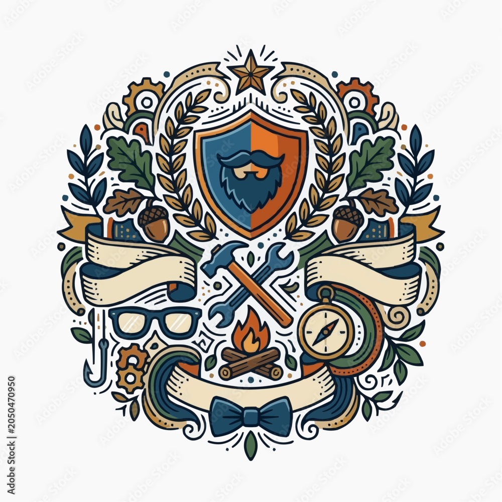 Obraz premium A colorful vector graphic illustration of a shield with a beard and various tools and objects around it