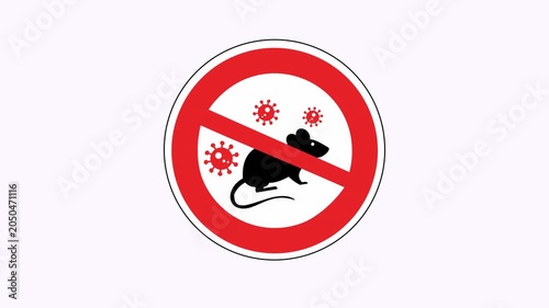 Red circular prohibition for stop hantavirus sign with black rodent silhouette and red virus icons. Suitable for health related designs and cautionary content.