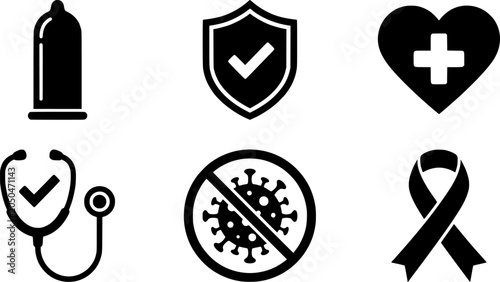 Safe Sex And Healthcare Silhouette Icon Set Representing Contraceptive Prevention, Medical Care, And Virus Protection