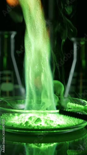 Glowing green smoke rising from a beaker.