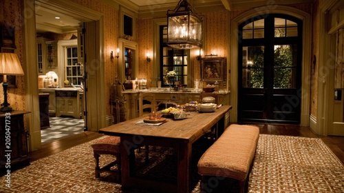Warmly illuminated, richly furnished dining area opens into a well-lit adjacent kitchen space.