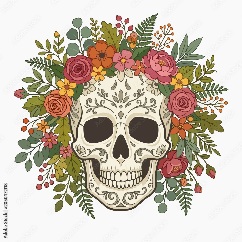 Fototapeta premium A colorful illustration of a sugar skull decorated with flowers and foliage in a vibrant, festive design