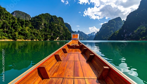 A wooden boat on a serene lake surrounded by lush green mountains