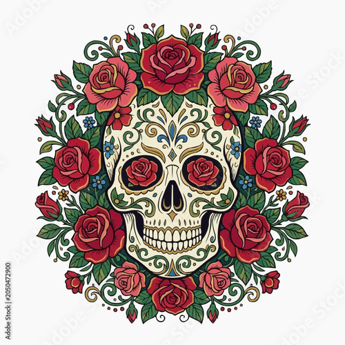 A colorful sugar skull surrounded by roses and floral patterns in a circular design