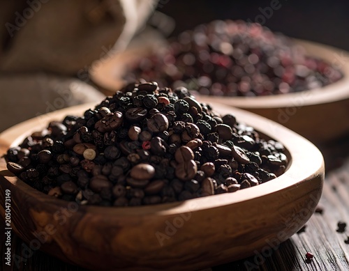 A wooden bowl filled with black beans on a table