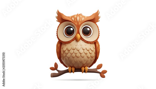 Cute 3D icon of a round baby owl perched on a small branch isolated on white background