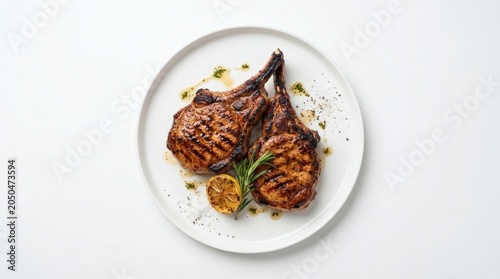 Grilled Pork Chops Plate Top View Seared Texture White Round Premium Restaurant Food Photography

