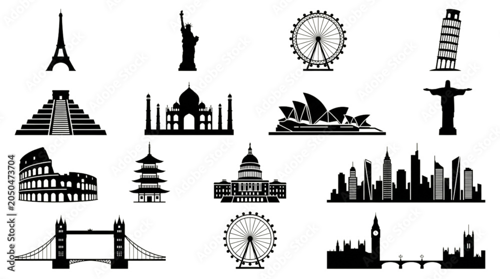 Fototapeta premium World Landmark Silhouettes Set Featuring Famous Global Architecture and City Skylines for Travel Design and Vector Illustration