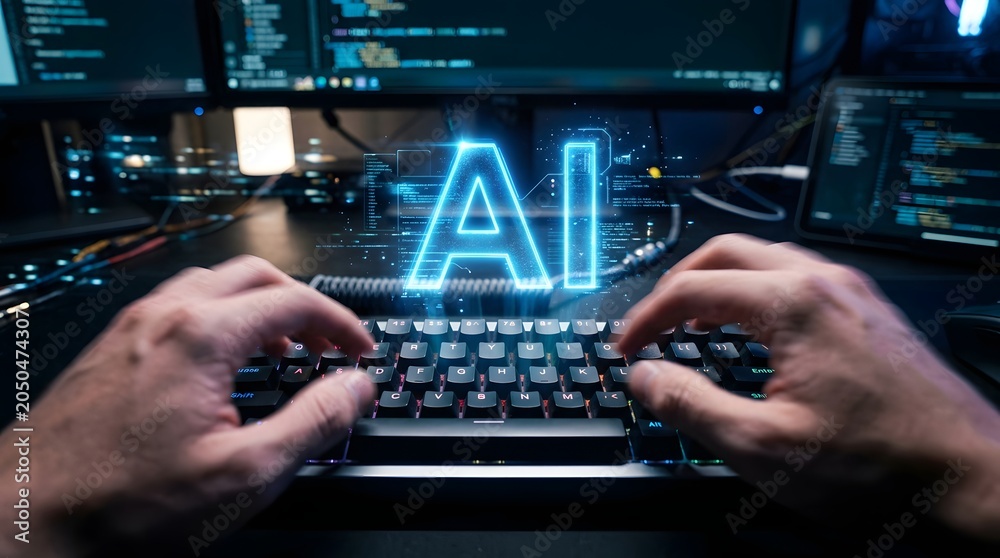 Fototapeta premium Hands typing on futuristic ai keyboard display