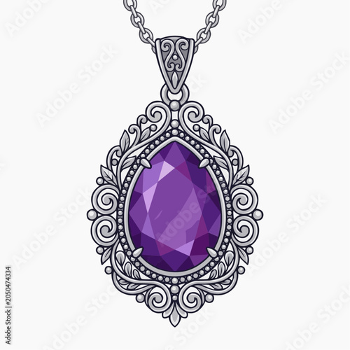 A beautiful purple gemstone pendant with intricate silver filigree on a chain