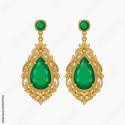 A pair of elegant gold earrings with green gemstones on a white background