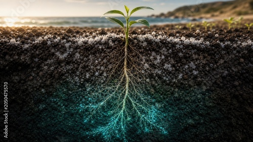 Salt Stress Crystals Around Seedling Roots, Plant Resilience Illustration
