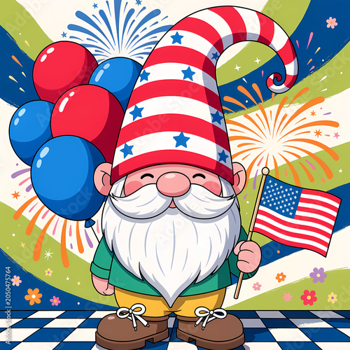 4th of July Independence Day Celebration Illustration Set with American Flag, Fireworks, Patriotic Stars and Stripes Background
